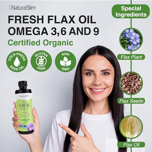 Aceite de Linaza NaturalSlim Líquido Sabor Fresco 16 fl. oz. Orgánico Prensado en Frío Rico en Ácidos Grasos Omega 3 6 9 Suplemento para Células, - imagen 3