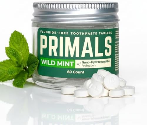 Tabletas de Pasta de Dientes PRIMALS Sin Flúor - Hidroxiapatita Nano - Sin Sabores Artificiales ni Plástico - Remineraliza y Blanquea Dientes - 60 - imagen 1