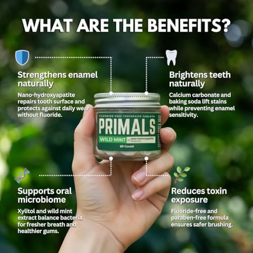 Tabletas de Pasta de Dientes PRIMALS Sin Flúor - Hidroxiapatita Nano - Sin Sabores Artificiales ni Plástico - Remineraliza y Blanquea Dientes - 60 - imagen 2