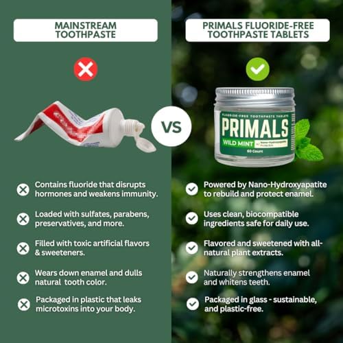 Tabletas de Pasta de Dientes PRIMALS Sin Flúor - Hidroxiapatita Nano - Sin Sabores Artificiales ni Plástico - Remineraliza y Blanquea Dientes - 60 - imagen 5