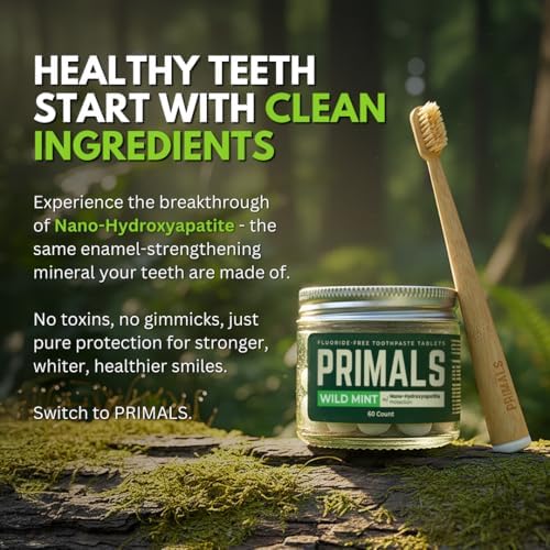 Tabletas de Pasta de Dientes PRIMALS Sin Flúor - Hidroxiapatita Nano - Sin Sabores Artificiales ni Plástico - Remineraliza y Blanquea Dientes - 60 - imagen 8
