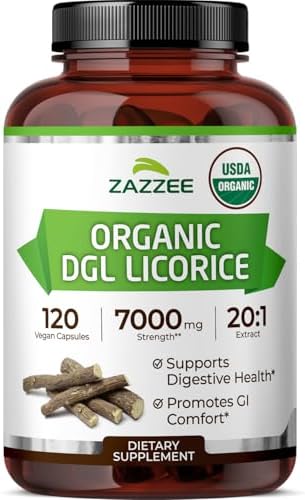 Zazzee Extracto de Regaliz DGL Orgánico USDA 20:1, 120 Cápsulas Veganas, Suministro para 4 Meses, Apoyo Digestivo y Estomacal, Natural y No GMO, - imagen 1