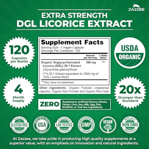 Zazzee Extracto de Regaliz DGL Orgánico USDA 20:1, 120 Cápsulas Veganas, Suministro para 4 Meses, Apoyo Digestivo y Estomacal, Natural y No GMO, - imagen 3