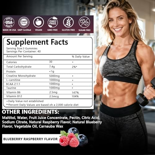 Gomitas de Creatina Crasye 5000mg para Hombres y Mujeres, Creatina Monohidratada con BCAA y Taurina, Suplemento Pre-Entrenamiento Sin Azúcar - 120 - imagen 2