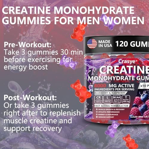 Gomitas de Creatina Crasye 5000mg para Hombres y Mujeres, Creatina Monohidratada con BCAA y Taurina, Suplemento Pre-Entrenamiento Sin Azúcar - 120 - imagen 7