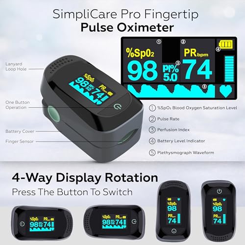 Oxímetro de Pulso SimpliCare, Monitor de Oxígeno en Sangre SpO2 y Frecuencia Cardíaca, Pantalla OLED a Color, Rotación 4 Vías, Batería de 40H, - imagen 2