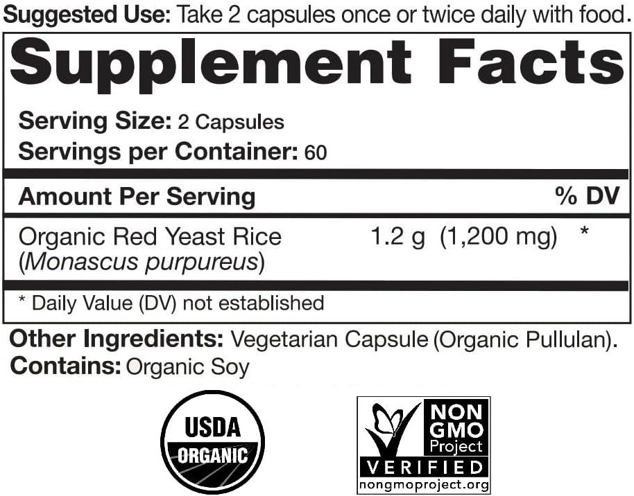 Suplemento de Arroz Rojo de Levadura Orgánico Certificado Natural Choice Botanicals - 120 Cápsulas, Suministro para 2 Meses - imagen 2