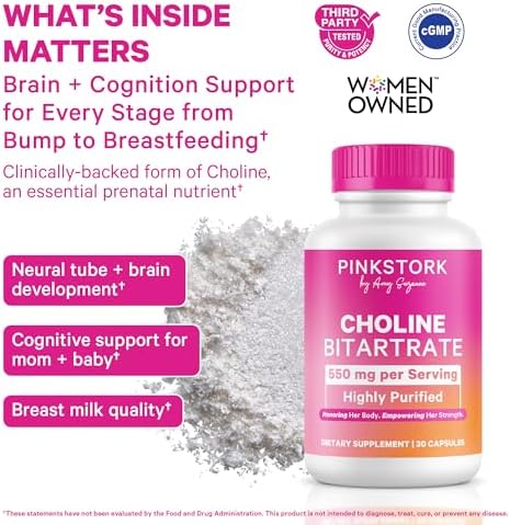 Pink Stork Choline - 550 mg de Bitartrato de Colina de VitaCholine para Mamás Embarazadas y Postparto - Vitamina Prenatal para Salud Cognitiva Fetal - imagen 2