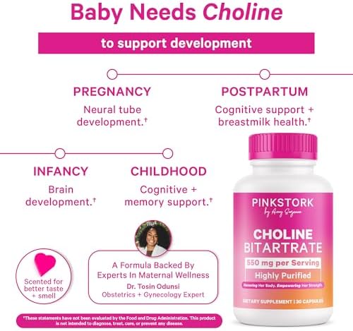 Pink Stork Choline - 550 mg de Bitartrato de Colina de VitaCholine para Mamás Embarazadas y Postparto - Vitamina Prenatal para Salud Cognitiva Fetal - imagen 3