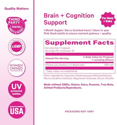 Pink Stork Choline - 550 mg de Bitartrato de Colina de VitaCholine para Mamás Embarazadas y Postparto - Vitamina Prenatal para Salud Cognitiva Fetal - imagen 6