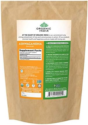 Polvo de Ashwagandha Orgánico ORGANIC INDIA - Suplemento Herbal Vegano, Sin Gluten, Kosher, No GMO - Alivio del Estrés, Energía y Sueño - Bolsa de 1lb - imagen 2