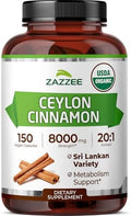 Zazzee Extracto de Canela de Ceilán Orgánico USDA 20:1, 150 Cápsulas Veganas, Suministro para 5 Meses, Apoyo Antioxidante y Metabólico, Hecho en EE. - imagen 1