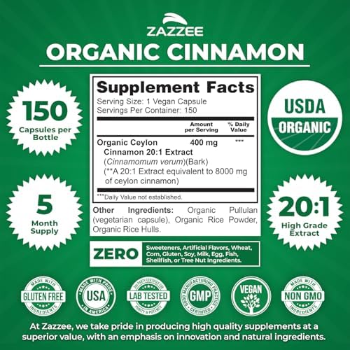 Zazzee Extracto de Canela de Ceilán Orgánico USDA 20:1, 150 Cápsulas Veganas, Suministro para 5 Meses, Apoyo Antioxidante y Metabólico, Hecho en EE. - imagen 3