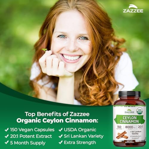Zazzee Extracto de Canela de Ceilán Orgánico USDA 20:1, 150 Cápsulas Veganas, Suministro para 5 Meses, Apoyo Antioxidante y Metabólico, Hecho en EE. - imagen 4