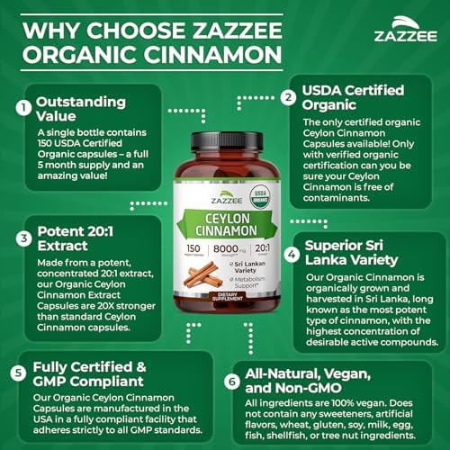 Zazzee Extracto de Canela de Ceilán Orgánico USDA 20:1, 150 Cápsulas Veganas, Suministro para 5 Meses, Apoyo Antioxidante y Metabólico, Hecho en EE. - imagen 6