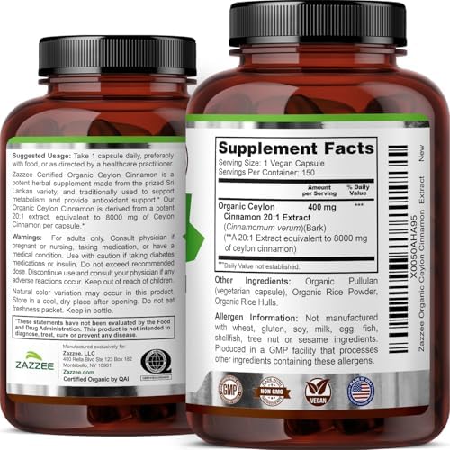 Zazzee Extracto de Canela de Ceilán Orgánico USDA 20:1, 150 Cápsulas Veganas, Suministro para 5 Meses, Apoyo Antioxidante y Metabólico, Hecho en EE. - imagen 8
