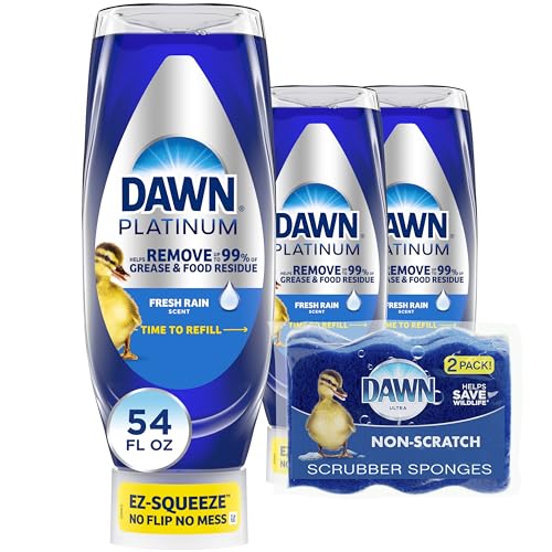 Jabón para Trastes Dawn en Botella Squeeze, 3 Botellas de 18oz y 2 Esponjas Sin Rayar, Aroma Fresh Rain - imagen 4