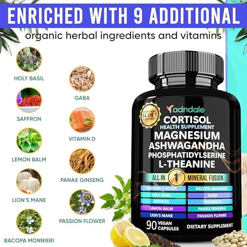 Suplementos de Cortisol para Mujeres Adndale. Ashwagandha con Magnesio Glicinato, L-Teanina y Más. Reductor de Cortisol - 90 Cápsulas - imagen 3