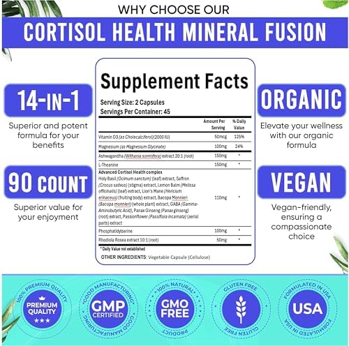 Suplementos de Cortisol para Mujeres Adndale. Ashwagandha con Magnesio Glicinato, L-Teanina y Más. Reductor de Cortisol - 90 Cápsulas - imagen 4