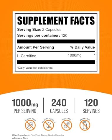 BulkSupplements.com L-Carnitina 1000mg en Cápsulas - Suplemento de Carnitina y Aminoácidos - Libre de Gluten, 2 Cápsulas por Porción (240 Contenido) - imagen 2
