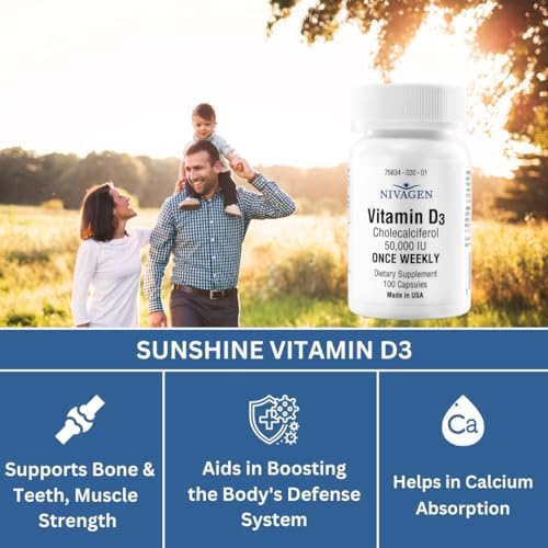 Nivagen Vitamina D3 50,000 UI (1250 mcg) | Dosis Semanal | 100 Cápsulas (100 Semanas, Aproximadamente 2 Años) | Fácil de Tragar | Soporte para - imagen 3