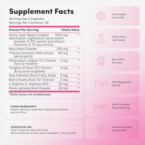 Suplemento de Libido para Mujeres - Acción Rápida con Hierba de Cabra y Maca para Ánimo, Pasión e Intimidad - Equilibrio Hormonal Femenino - 60 - imagen 2