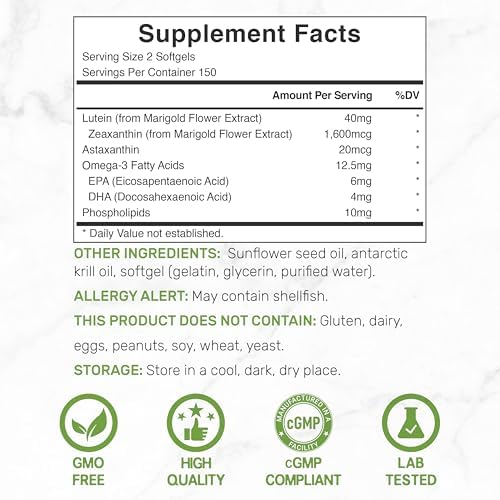 Suplementos de Luteína y Zeaxantina, 40mg por Porción, 300 Softgels – Con Astaxantina, Omega-3 y Fosfolípidos – Sin OGM - imagen 2