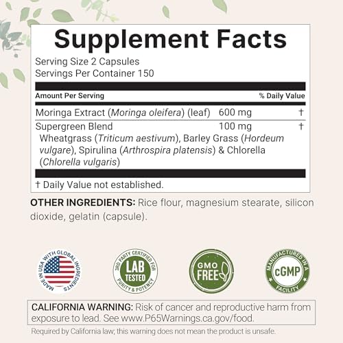 Micro Ingredients Moringa Oleifera | 300 Cápsulas con Mezcla de Supergreens: Pasto de Trigo, Pasto de Cebada, Espirulina y Clorela | Suplemento - imagen 2