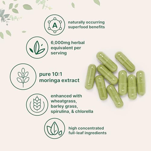 Micro Ingredients Moringa Oleifera | 300 Cápsulas con Mezcla de Supergreens: Pasto de Trigo, Pasto de Cebada, Espirulina y Clorela | Suplemento - imagen 3