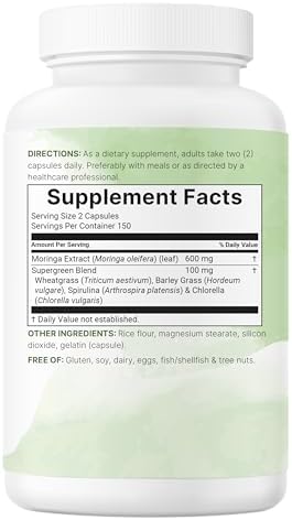 Micro Ingredients Moringa Oleifera | 300 Cápsulas con Mezcla de Supergreens: Pasto de Trigo, Pasto de Cebada, Espirulina y Clorela | Suplemento - imagen 6