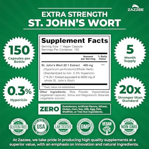 Zazzee Extracto de Hierba de San Juan 20:1, 0.3% Hipericina, 150 Cápsulas Veganas, Suplemento Herbal para Bienestar Emocional, No GMO, Hecho en EE. - imagen 2