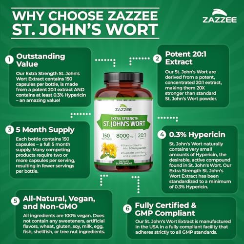 Zazzee Extracto de Hierba de San Juan 20:1, 0.3% Hipericina, 150 Cápsulas Veganas, Suplemento Herbal para Bienestar Emocional, No GMO, Hecho en EE. - imagen 6