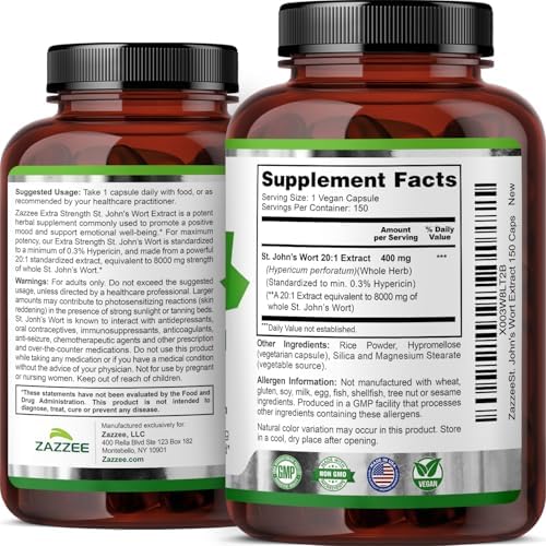Zazzee Extracto de Hierba de San Juan 20:1, 0.3% Hipericina, 150 Cápsulas Veganas, Suplemento Herbal para Bienestar Emocional, No GMO, Hecho en EE. - imagen 8