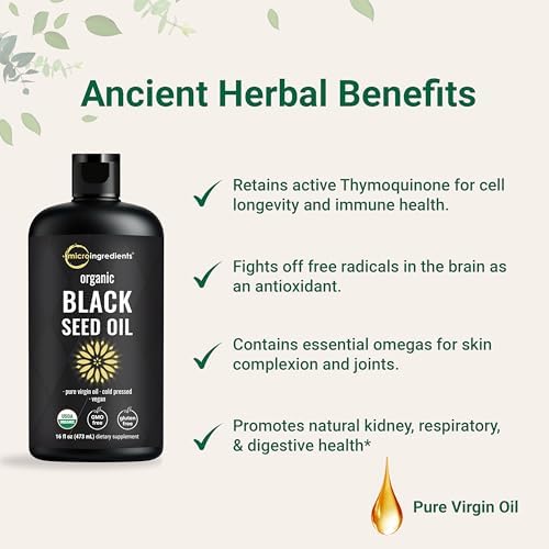Aceite de Semilla de Nigella Sativa Orgánico Micro Ingredients, Prensado en Frío, 16 fl oz | Rico en Timoquinona y Omega 3 6 9 | Apoyo Inmunológico, - imagen 5