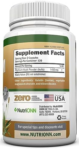 Cápsulas de Psyllium NutriONN - 1450mg por Porción - 240 Cápsulas - Doble Fuerza - Suplemento de Fibra Psyllium Premium - Ideal para Digestión y - imagen 2