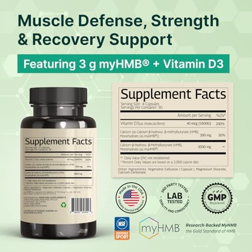 Suplemento VINATURA HMB 3000mg y Vitamina D3 - Defensa Muscular con HMB, Vitamina D3 (1600 IU), Hecho en EE. UU., Probado en Laboratorio y - imagen 3