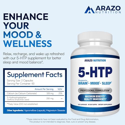 5-HTP 200 MG por Porción con Calcio para Ánimo y Sueño – Apoya un Estado de Ánimo Calmado y Relajado – 99% Alta Pureza – 120 Cápsulas – Arazo - imagen 2