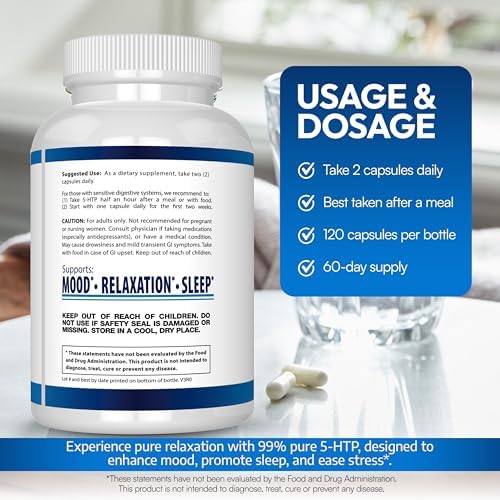 5-HTP 200 MG por Porción con Calcio para Ánimo y Sueño – Apoya un Estado de Ánimo Calmado y Relajado – 99% Alta Pureza – 120 Cápsulas – Arazo - imagen 4