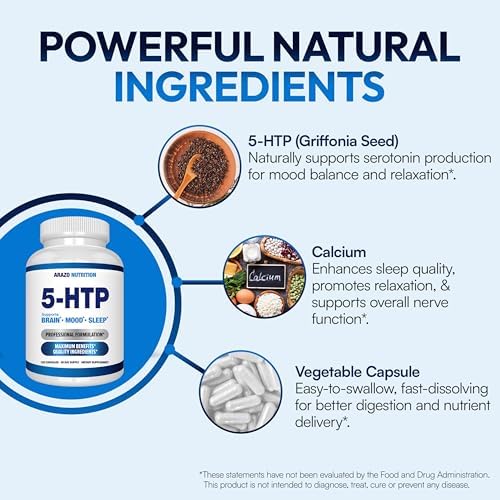5-HTP 200 MG por Porción con Calcio para Ánimo y Sueño – Apoya un Estado de Ánimo Calmado y Relajado – 99% Alta Pureza – 120 Cápsulas – Arazo - imagen 5