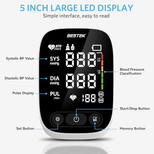 Monitoreo de Presión Arterial BESTEK, Monitor Automático de Brazo para Uso en Casa, Digital con Pantalla LED Grande y Voz, Ajustable (9-17) - imagen 3