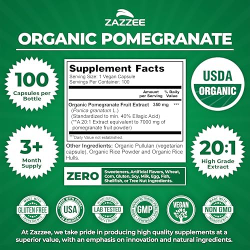Zazzee Extracto de Granada Orgánico USDA 20:1, 40% Ácido Elágico, 100 Cápsulas Veganas, Suministro de 3+ Meses, Antioxidante y Soporte Inmunológico, - imagen 3