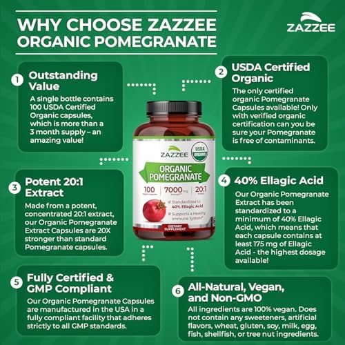 Zazzee Extracto de Granada Orgánico USDA 20:1, 40% Ácido Elágico, 100 Cápsulas Veganas, Suministro de 3+ Meses, Antioxidante y Soporte Inmunológico, - imagen 6