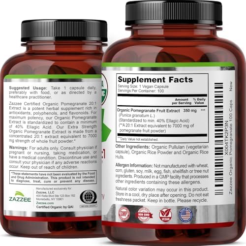 Zazzee Extracto de Granada Orgánico USDA 20:1, 40% Ácido Elágico, 100 Cápsulas Veganas, Suministro de 3+ Meses, Antioxidante y Soporte Inmunológico, - imagen 8