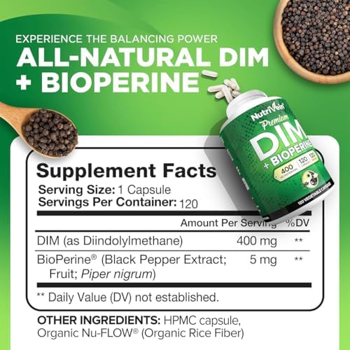 Suplemento Premium DIM Nutrivein 400 mg Diario - 120 Porciones (120 Cápsulas): Diindolilmetano para Hombres y Mujeres - Con Bioperina - Suplemento de - imagen 2