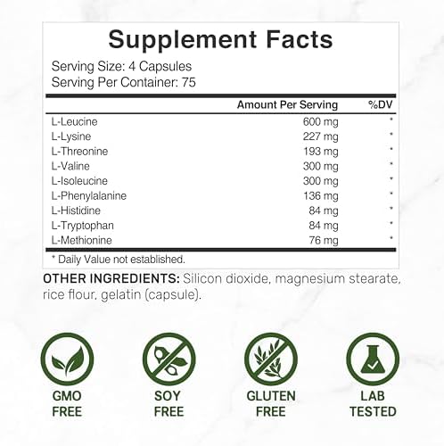 Aminoácidos Esenciales (EAA) 2000mg por Porción, 300 Cápsulas – Sin Sabor - 9 en 1, Todos los BCAAs – Soporte para Músculos Magros y Suplemento - imagen 4