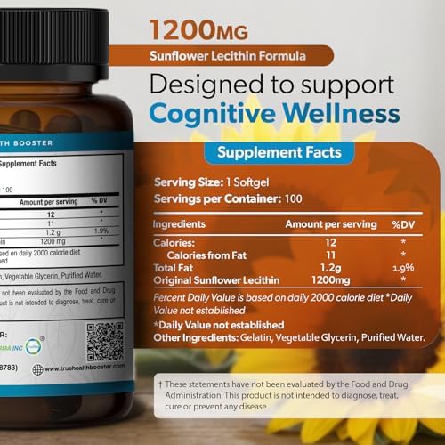 TRUEMED Lecitina de Girasol Orgánica 1200mg – Suplemento Libre de Soja para el Cerebro, Corazón, Nervios y Hígado, Salud Cognitiva – 100 Cápsulas - imagen 3