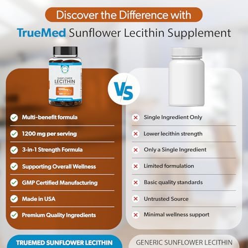 TRUEMED Lecitina de Girasol Orgánica 1200mg – Suplemento Libre de Soja para el Cerebro, Corazón, Nervios y Hígado, Salud Cognitiva – 100 Cápsulas - imagen 7