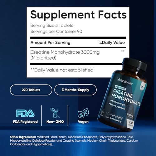 Creatina Monohidratada Micronizada WeightWorld 3000mg - 270 Tabletas Veganas para Crecimiento Muscular, Fuerza y Energía | 1000mg por Tableta - imagen 6