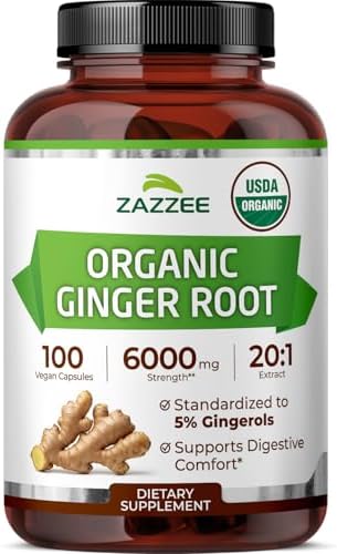 Extracto de Jengibre Orgánico Zazzee 20:1, 5% Gingeroles, 100 Cápsulas Veganas, Suministro para 3+ Meses, Soporte Digestivo y Estomacal, Natural, No - imagen 1