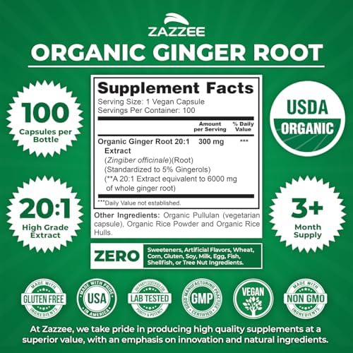 Extracto de Jengibre Orgánico Zazzee 20:1, 5% Gingeroles, 100 Cápsulas Veganas, Suministro para 3+ Meses, Soporte Digestivo y Estomacal, Natural, No - imagen 3